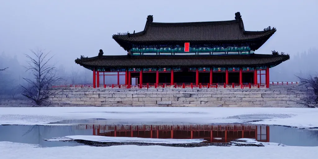 Image similar to ancient chinese palace on ice lake, cyberpunk