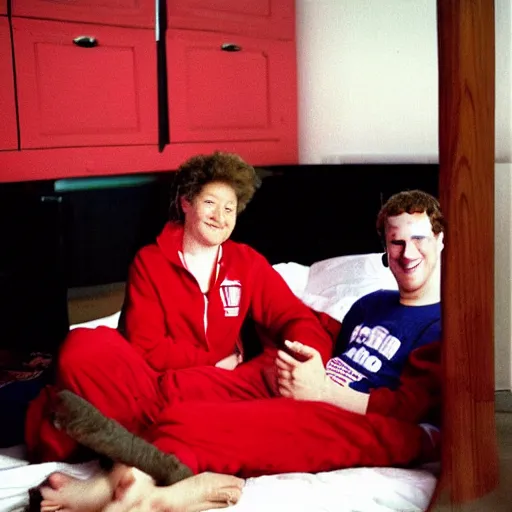 Image similar to mark zuckerberg in a red pajama onesie getting tucked into a racecar bed by his mom circa 1 9 9 3