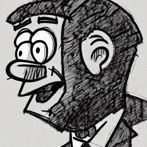 Prompt: a realistic yet scraggly portrait sketch of the side profile of a stern and sophisticated spongebob squarepants, trending on artstation, intricate details, in the style of frank auerbach, in the style of sergio aragones, in the style of martin ansin, in the style of david aja, in the style of mattias adolfsson