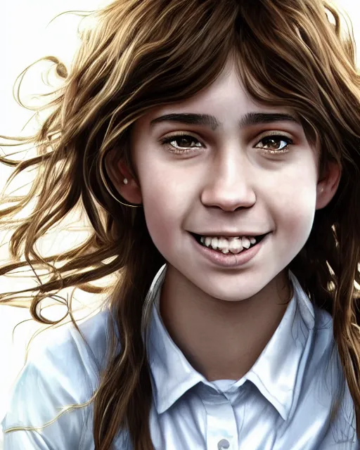 Image similar to close up portrait of 1 5 - year - old girl, smile with large front teeth, hermione granger, very bushy brown hair, and very bright brown eyes, wearing white shirt, hyper realistic face, beautiful eyes, character art, art by mark brooks, hyperdetailed, cryengine, trending on artstation, digital art