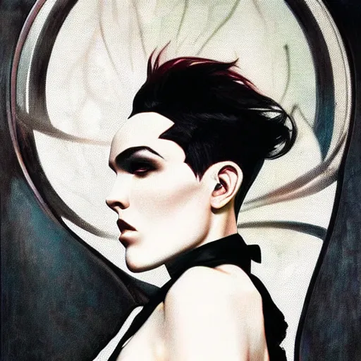 Image similar to stunning portrait of androgynous ruby rose as desire from sandman in a white tuxedo!!!, rockabilly style, by frank moth, by alphonse mucha, by jeremy mann, by peter lindbergh, dave mckean, white suit and black tie, soft lightning, high detailed, 8 k