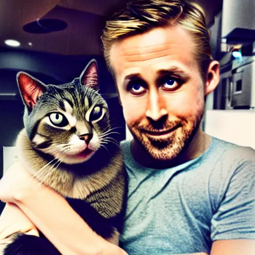 Image similar to ryan gosling shoplifting a cat under each arm