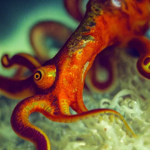 Image similar to fiery whimsical emotional eyes cephalopod, in a photorealistic macro photograph with shallow dof, in the deepest seas of the unconscious psyche