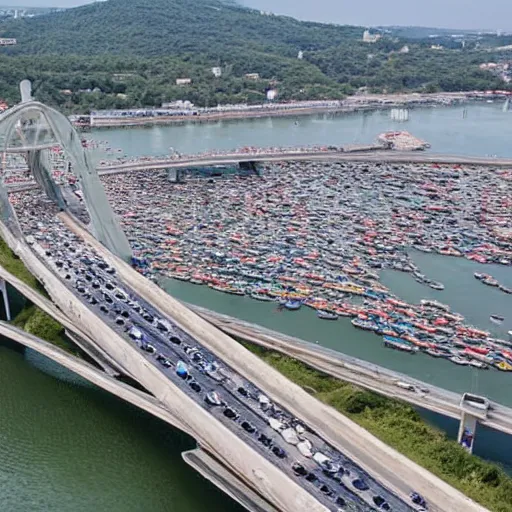 Image similar to drone image of bumper-to-bumper traffic on Tuzla Island Crimea Bridge