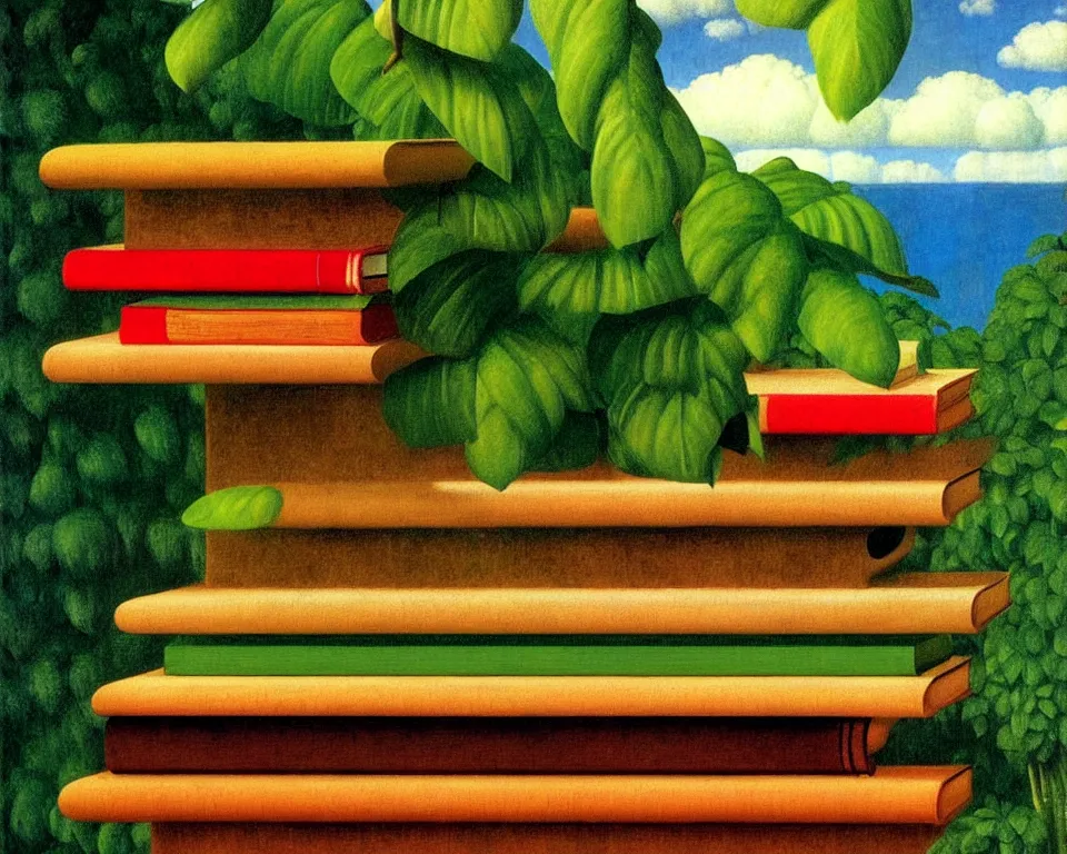 Prompt: one small bookshelf in the rainforest by raphael, hopper, and rene magritte. hyperdetailed, proportional, romantic, enchanting, achingly beautiful, graphic print, trending on artstation.