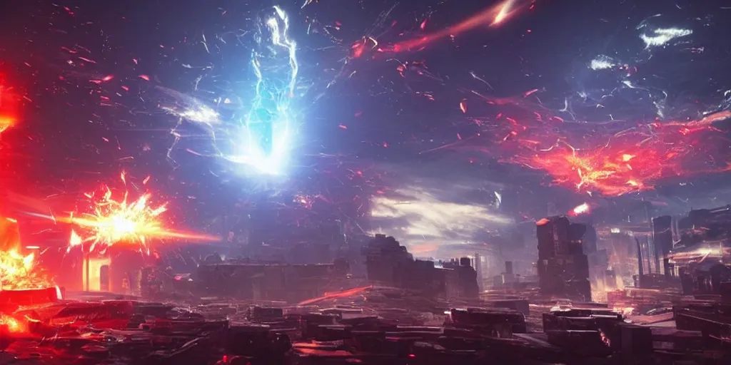 Image similar to a huge towering and broken stone tablet with red light + alien pattern, stands in the center of a prosperous city at the end of the world, and the power and energy is explode, secret, mysterious, doomsday, landscape, video game control, quantum break, arknights,