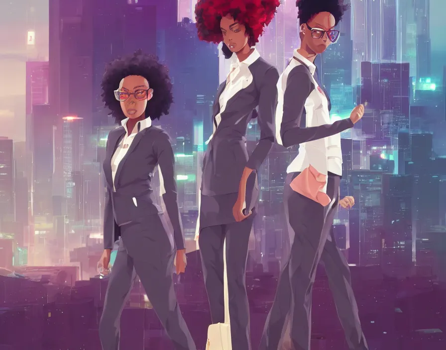 Image similar to afro - futuristic professionals, business attire and confidence, hacking the multiverse of possibilities | hyperrealistic digital art | by makoto shinkai, ilya kuvshinov, lois van baarle, rossdraws | afrofuturism, in the style of boondocks, trending on artstation | dark color scheme