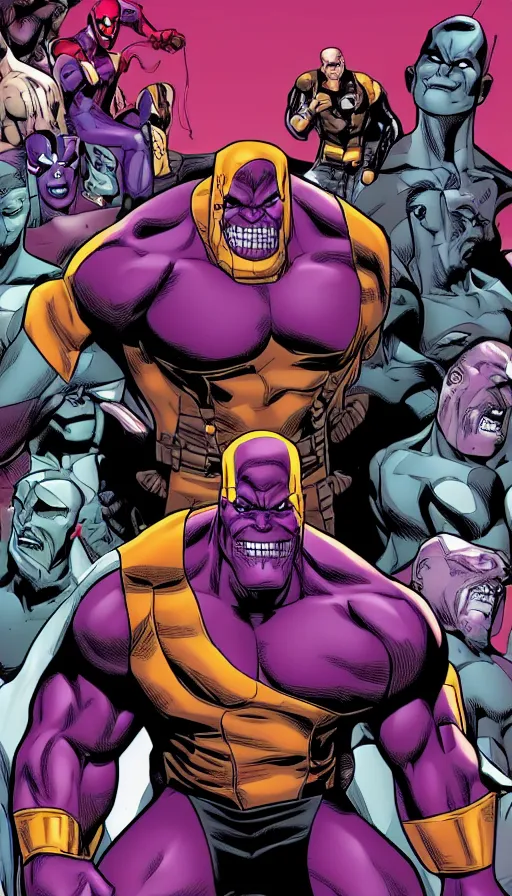 Prompt: a comic book cover entitled The Thanos But Show featuring Thanos and Deadpool