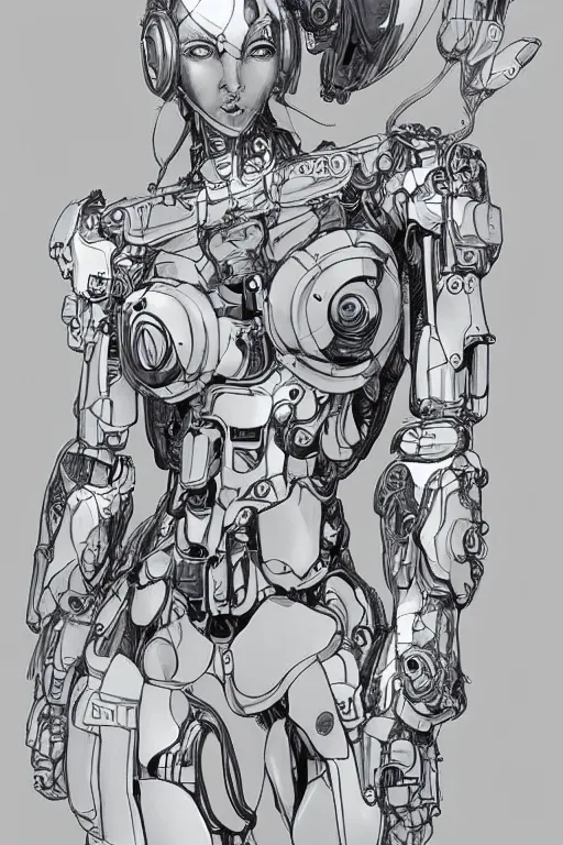 Image similar to full body illustration female cyborg, highly detailed, sumi - e art, suiboku - ga ink, by kim jisu, pen and ink monochrome, mecha, deviantart, artstation, pinterest