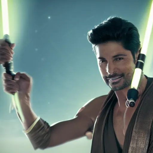 Image similar to Chayanne the singer as a jedi in star wars, holding a lightsabre. splash art, cinematic lighting, dramatic, octane render, long lens, shallow depth of field, bokeh, anamorphic lens flare, 8k, hyper detailed, 35mm film grain