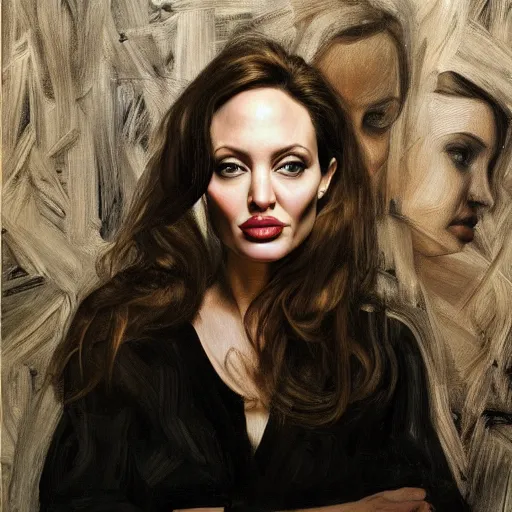 Image similar to high quality high detail painting by lucian freud, hd, angelina jolie portrait, dramatic lighting