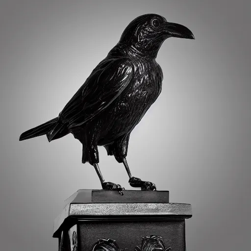 Image similar to a black and white highly detailed and realistic statue of a flying crow, museum lighting, award winning, masterpiece