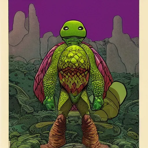 Image similar to anthropomorphic turtle hero by moebius