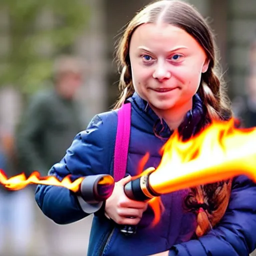 Image similar to Greta Thunberg having fun with a really large flamethrower