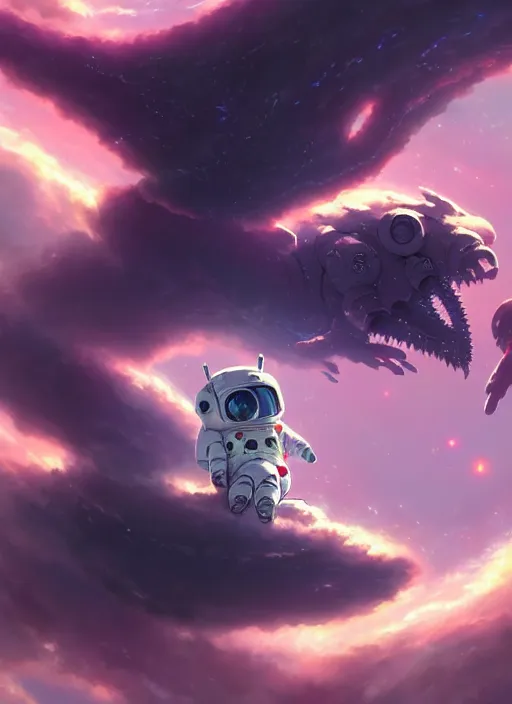 Image similar to portrait of cute kawaii astronaut android floating around a large biomechanical kaiju dragon, nebulous background of dynamic space, a dramatic composition by wlop and greg rutkowski and makoto shinkai and studio ghibli and kyoto animation