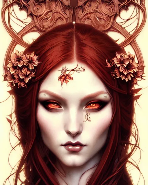 Image similar to succubus ginger portrait, art nouveau, fantasy, intricate flower designs, elegant, highly detailed, sharp focus, art by Artgerm and Greg Rutkowski and WLOP