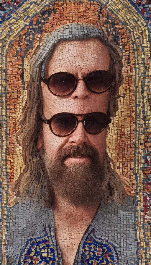 Prompt: an intricately detailed and beautifully colored roman mosaic portrait of the dude from the big lebowski with sunglasses on, 8k standing on a Persian carpet