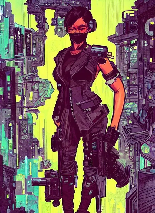 Prompt: selina igwe. cyberpunk mercenary with scenic background. portrait illustration, pop art, art by ashley wood, alphonse mucha, laurie greasley and josan gonzales. cinematic. beautiful lighting.