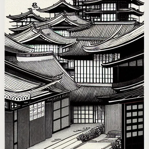 Image similar to a beautiful ink painting of buildings in japanese traditional style, in the style of hiroshi yoshida, at night, light effect, detailed, high - definition, exquisite isolated very detailed, moody lighting, 8 k highly detailed, trending on artstation