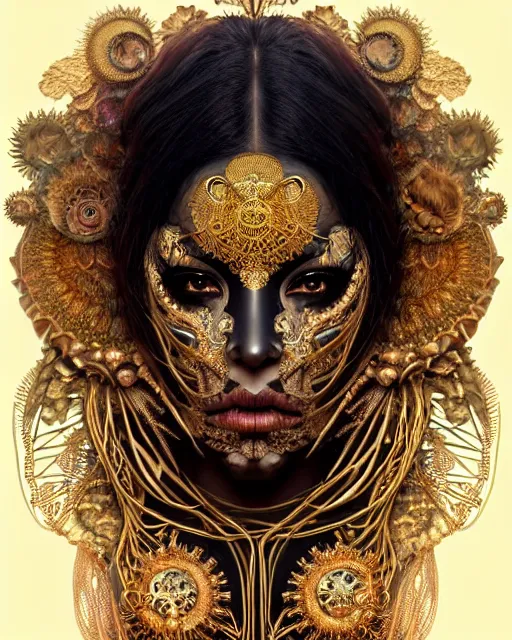 Prompt: hyperrealistic detailed portrait of a beautiful dark goddess in an intricate golden ornamental ritual mask, intricate cyberpunk make - up, insane details, art by ernst haeckel, nekro borja, android jones, alphonso mucha, gothic - cyberpunk, ornamental, beautiful deep colours,