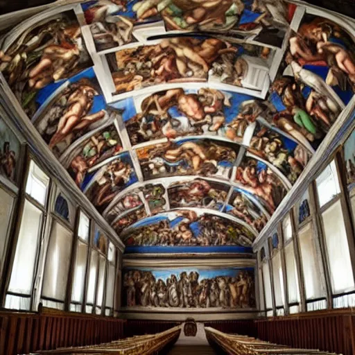 Prompt: Sistine chapel with a star wars painting, realistic, on the roof,