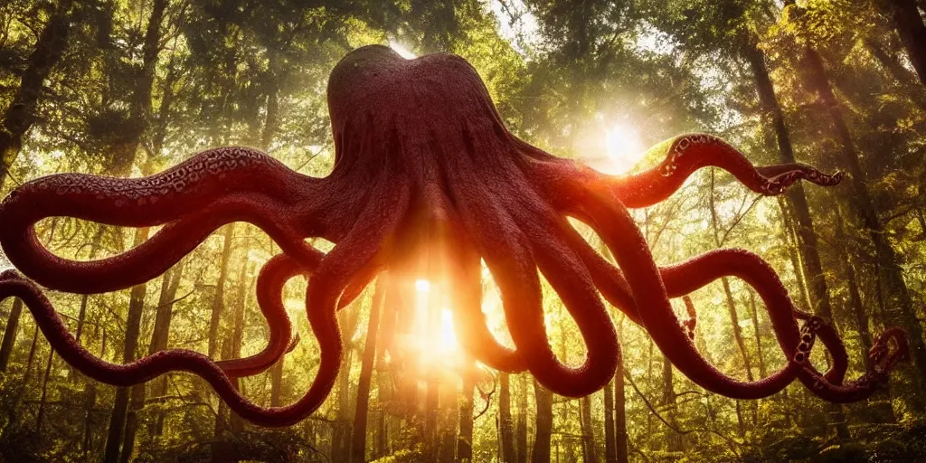 Prompt: a highly detailed giant octopus god floating above a forest, beautiful ambient light, sun rays hitting the slightly translucent creature, his eyes are black and stare deeply into our soul, golden hour, 8k photography