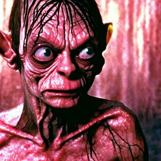Prompt: gollum covered in blood, carrie 1 9 7 6
