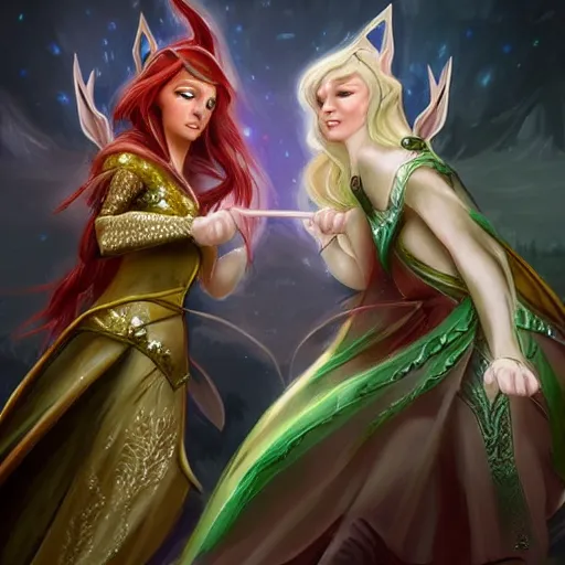 Prompt: two elven princesses fighting each other artstation high fantasy