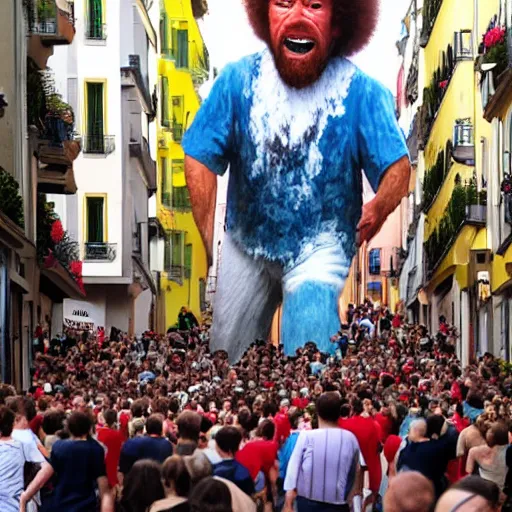 Image similar to the running of the gigantic screaming bob ross in pamplona spain