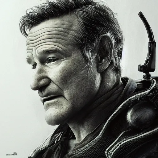 Image similar to Very very very very highly detailed epic photo of Robin Williams, intricate, dystopian, sci-fi, extremely detailed, digital painting, artstation, concept art, smooth, sharp focus, illustration, intimidating lighting, incredible art by Artgerm and Vincent di Fate