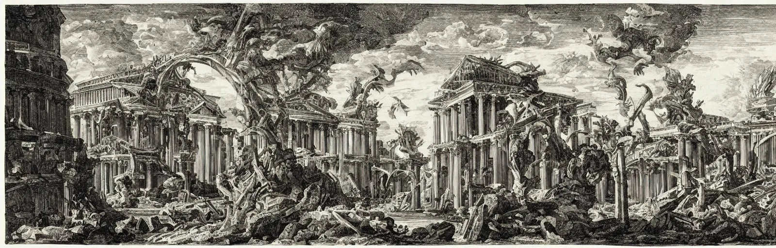 Image similar to a imaginative and theatrical architectural landscape, etching by giovanni battista piranesi