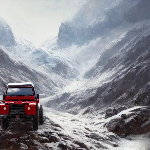 Image similar to a landrover crossing the alps while its snowing, digital art, artstation, photgraphy, highly detailed, digital painting, artstation, concept art, sharp focus, illustration, art by greg rutkowski and artgerm