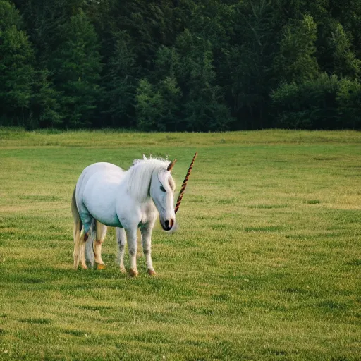 Prompt: A unicorn at a pasture, XF IQ4, f/1.4, ISO 200, 1/160s, 8K, RAW, unedited, symmetrical balance, in-frame