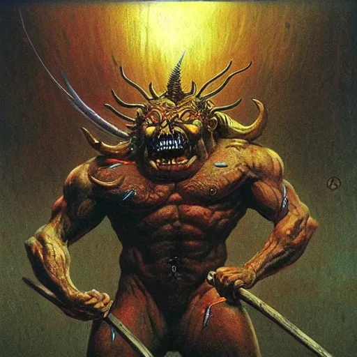 Image similar to raijin demon concept, horned, bulky body, beksinski