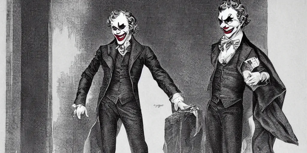 Image similar to joker wearing clothes in the style of directoire style, photograph, grinning, creepy,