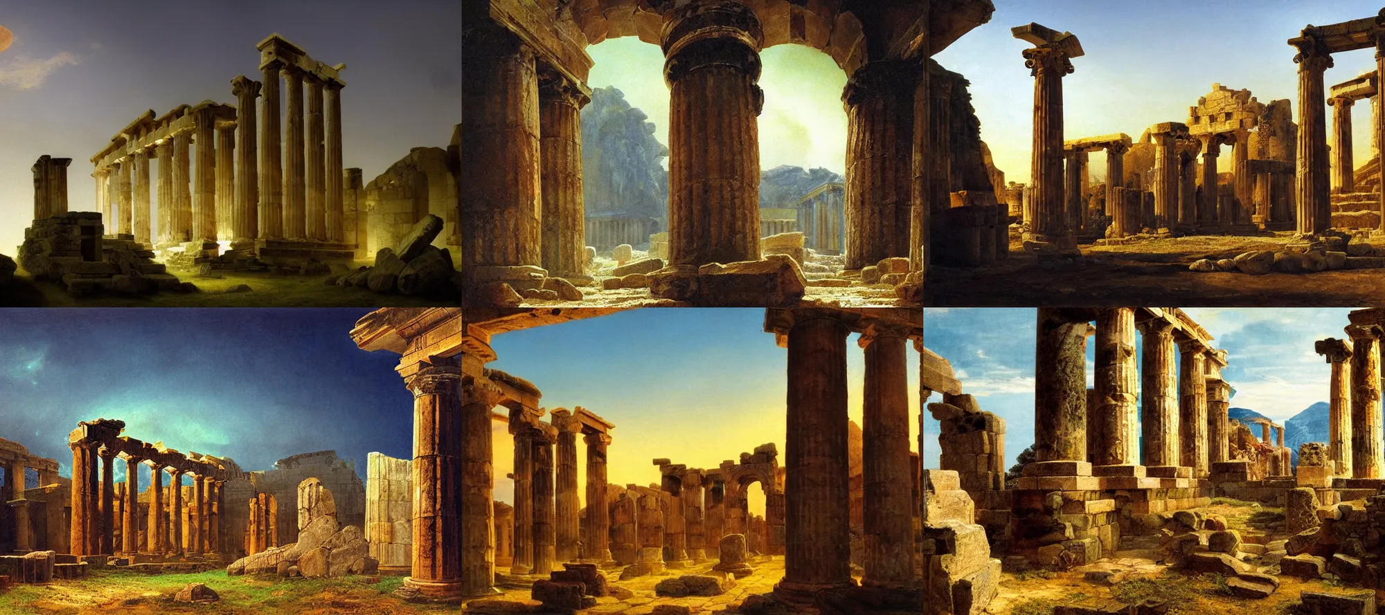 Prompt: closeup, inside ancient greek ruins, digital painting, concept art, colourful, at night, volumetric lighting, caspar david friedrich