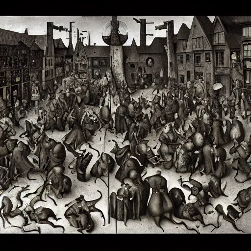 Image similar to a crowd of plague doctors in the style of pieter bruegel the elder, jan saudek, joel peter witkin, gustave dore, heironymus bosch