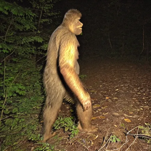 Prompt: sasquatch captured on a trail cam, night