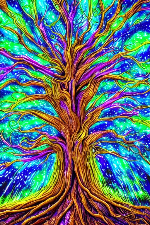 Prompt: a majestic tree made of psychedelic eyes, blue and purple flames, fireflies sparkle, highly detailed, psychedelic, 8 k, trending on artstation