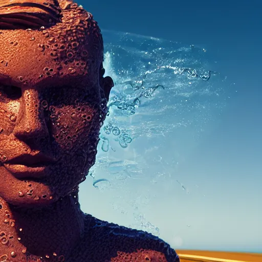 Image similar to a human head sculpture made out of water on the ocean water, cinematic, in the style of chad knight, long shot, hyper detailed, hyper realistic, ray tracing, 8 k resolution, sharp focus, realistic water, award winning