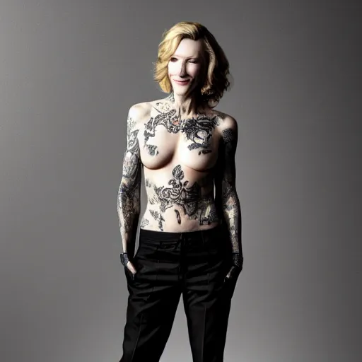 Image similar to full body tattooed cate blanchett with golden teeths 4k