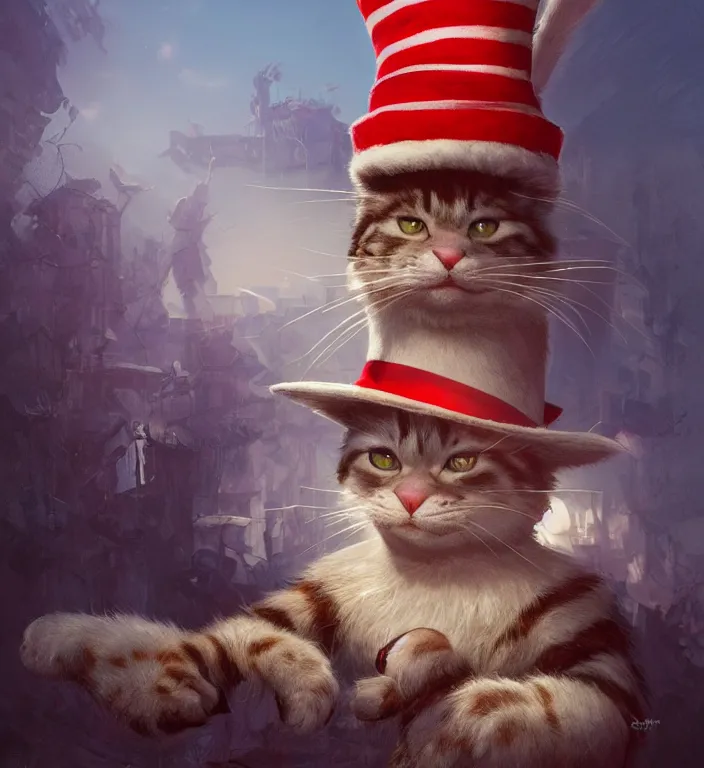 Image similar to complex 3 d render, hyper detailed, ultra sharp, of the cat in the hat, scary, funny, cinematic, natural soft light, rim light, art by greg rutkowski and artgerm and craig mullins, dr seuss