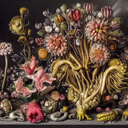 Image similar to disgusting disturbing dutch golden age bizarre mutant insect flower floral still life with many human toes realistic human toes blossoming everywhere very detailed fungus tumor disturbing tendrils bizarre slimy forms sprouting up everywhere by rachel ruysch black background chiaroscuro dramatic lighting perfect composition high definition 8 k 1 0 8 0 p