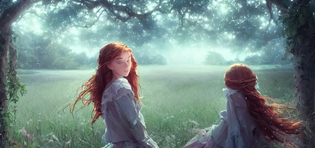 Image similar to a beautiful southern woman named Savannah, innocent, somber turquoise eyes, freckles, long ginger hair tied with white ribbon, sad under a wisteria plant, gentle lighting, storm in the distance, western clothing, dress, digital art by Makoto Shinkai ilya kuvshinov and Wojtek Fus, digital art, concept art,