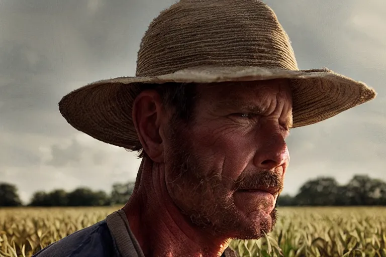 Image similar to a cinematic headshot portrait of a farmer, working out in the field, movie still, shallow depth of field, muted colors, by krenz cushart