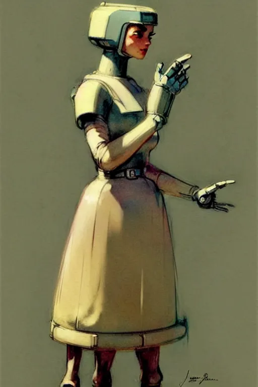 Image similar to ( ( ( ( ( 1 9 5 0 s retro future robot android female maid gesture art. muted colors. ) ) ) ) ) by jean - baptiste monge!!!!!!!!!!!!!!!!!!!!!!!!!!!!!!
