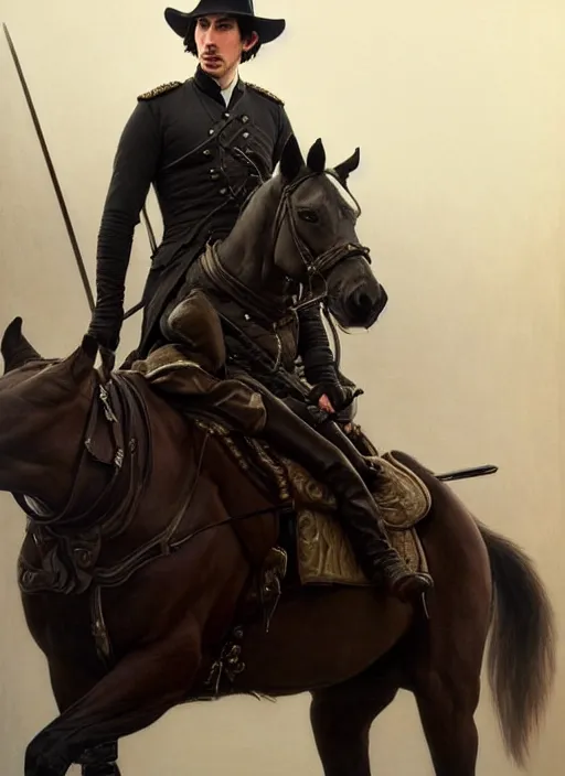 Image similar to painting of adam driver and john oliver, riding horse, stoic, full body, military uniform, fantasy, intricate, elegant, beautiful, highly detailed, charcoal, centered, dark, smokey, digital painting, artstation, concept art, smooth, sharp focus, illustration, art by artgerm and greg rutkowski and alphonse mucha