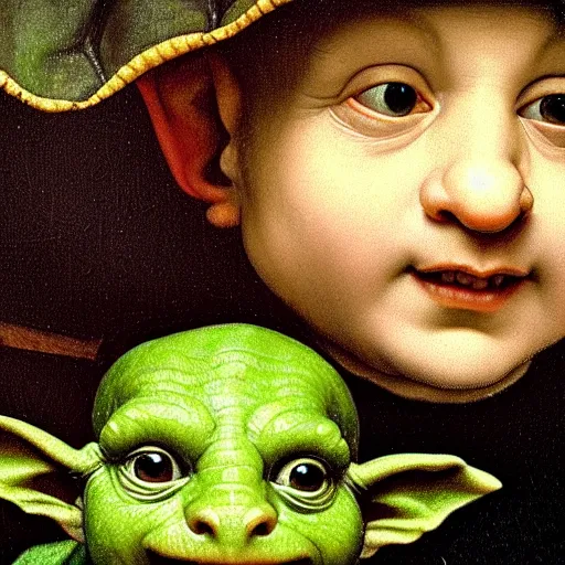 Image similar to close up portrait of two small green goblins extremely excited to show you something behind them, oil painting, high detail, dark lighting, atmospheric, extremely detailed, intricate, da vinci, michelangelo, caravaggio, hans holbein, raphael, donatello, 8 k