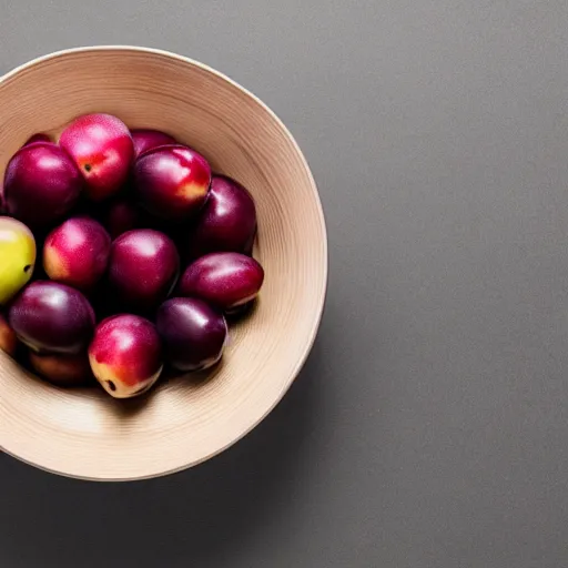 Image similar to photo of a thick porcelain bowl filled with a few moist freshly picked plums on a wooden table. volumetric lighting. 4 k. small scale. realistic. top down.