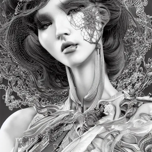 Image similar to the portrait of an absurdly beautiful, graceful, elegant, sophisticated, fashionable cyberpunk gravure idol, an ultrafine hyperdetailed illustration by kim jung gi, irakli nadar, takato yamamoto, intricate linework, neon colors, porcelain skin, unreal engine 5 highly rendered, global illumination, radiant light, detailed and intricate environment